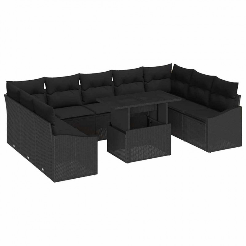Zestaw Sof z poduszką 10 pcs Czarny polirattan