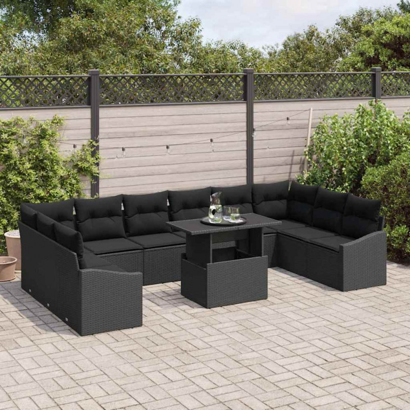 Zestaw Sof z poduszką 11 pcs Czarny polirattan