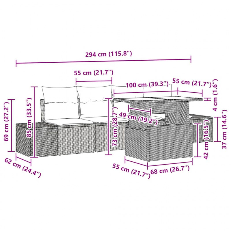 Zestaw Sof z poduszką 5 pcs Szary polirattan