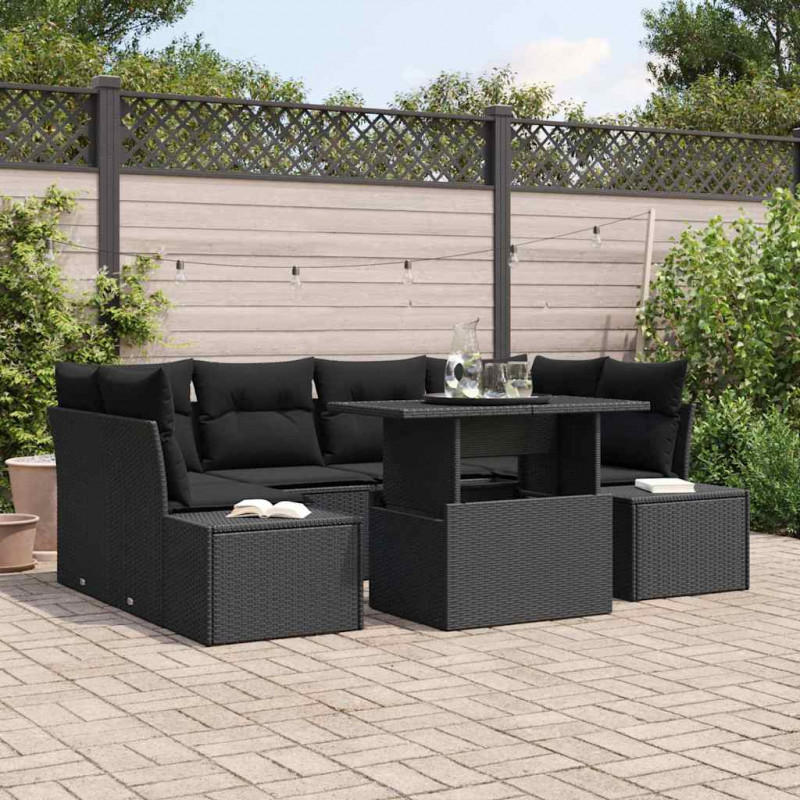 Zestaw Sof z poduszką 7 pcs Czarny polirattan