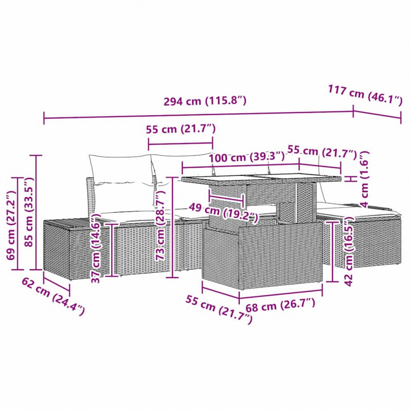 Zestaw Sof na Ogród z poduszką 6 pcs Jasnoszary polirattan