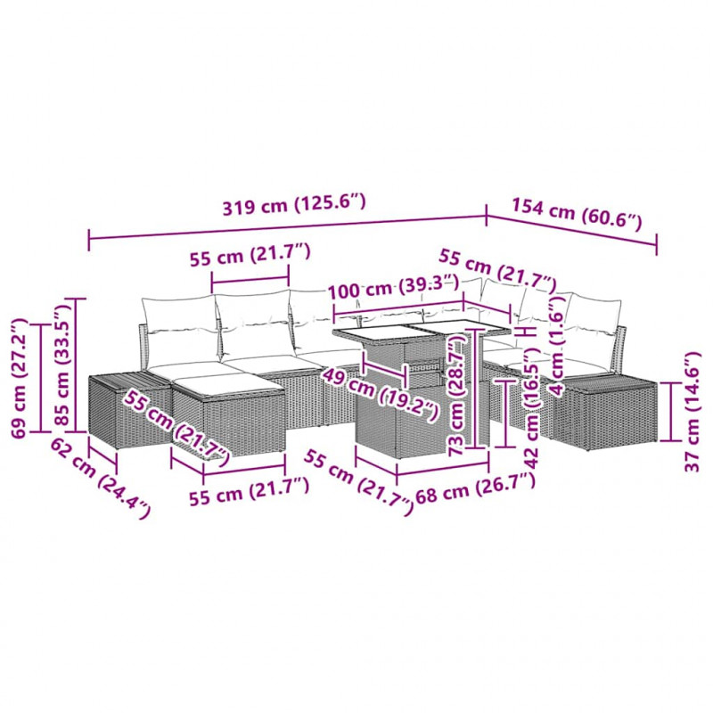 Zestaw Sof na Ogród 9 pcs Beżowy i jasnoszary polirattan