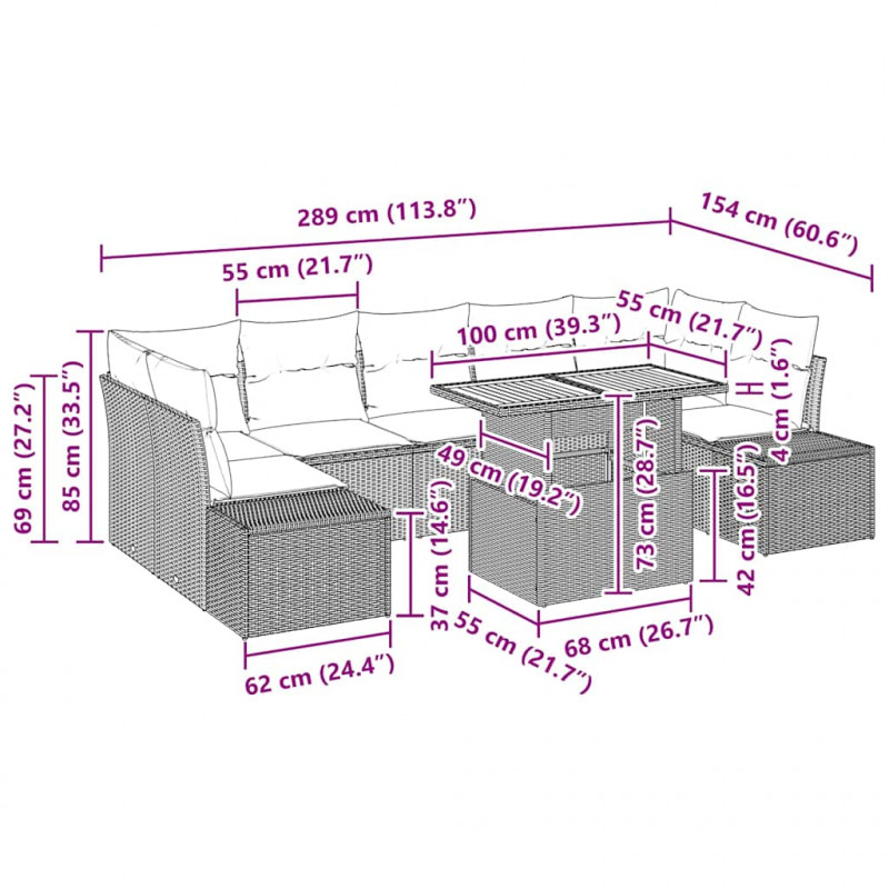 Zestaw do jadalni w ogrodzie z poduszką 8 pcs Czarny i kremowy