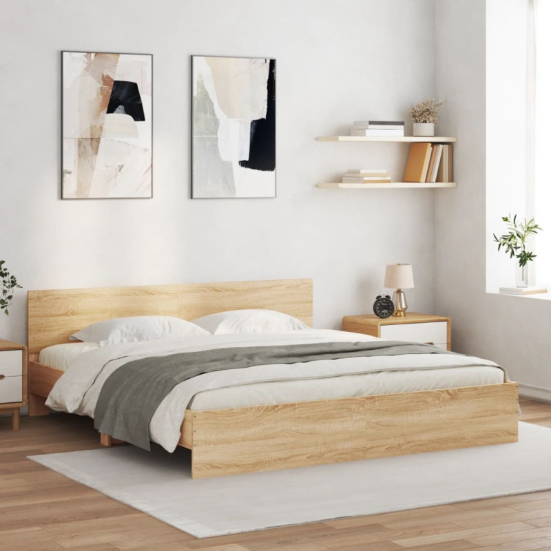 Rama łóżka z wezgłowiem i LED, dąb sonoma, 200x200 cm