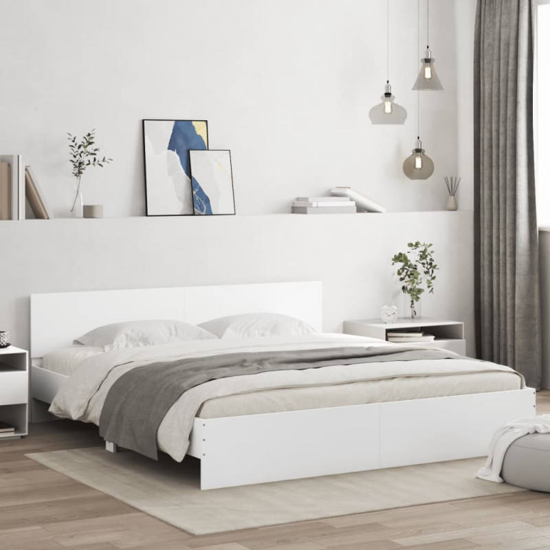 Rama łóżka z wezgłowiem i LED, biała, 200x200 cm