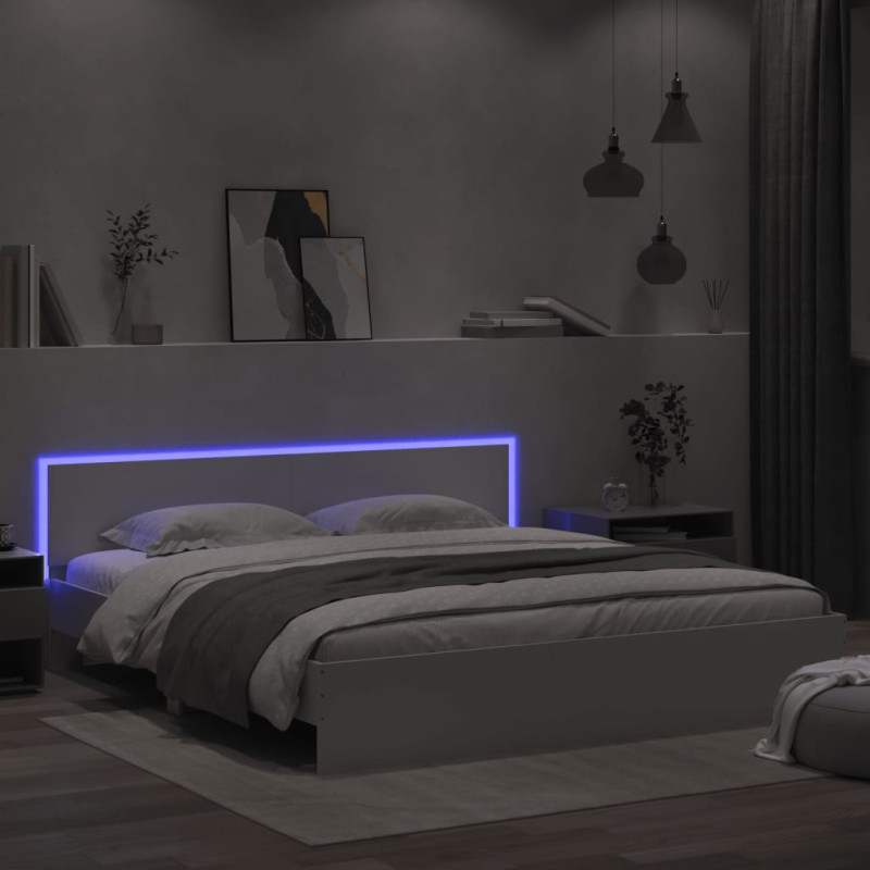 Rama łóżka z wezgłowiem i LED, biała, 200x200 cm