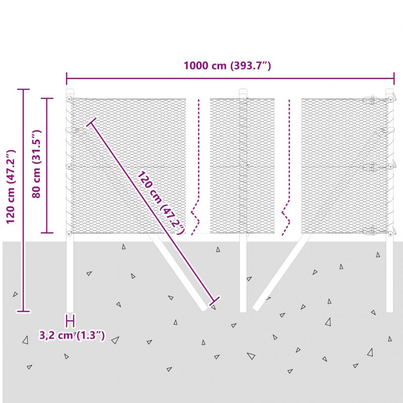 Słupek ogrodzeniowy. Szary 10 x 0,8 m (siatka 13 mm) Stal i PVC
