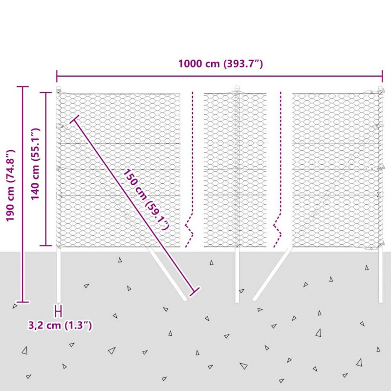 Słupek ogrodzeniowy. Szary 10 x 1,4 m (siatka 36 mm) Stal i PVC