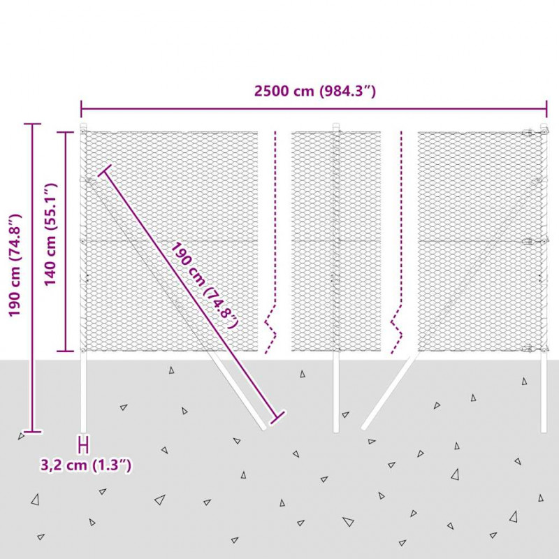 Słupek ogrodzeniowy. Szary 25 x 1,4 m (25 mm siatka) Stal i PVC