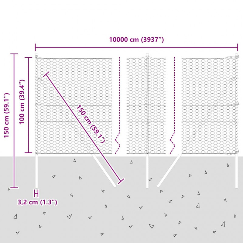 Słupek ogrodzeniowy. Szary 100 x 1 m (siatka 36 mm) Stal i PVC