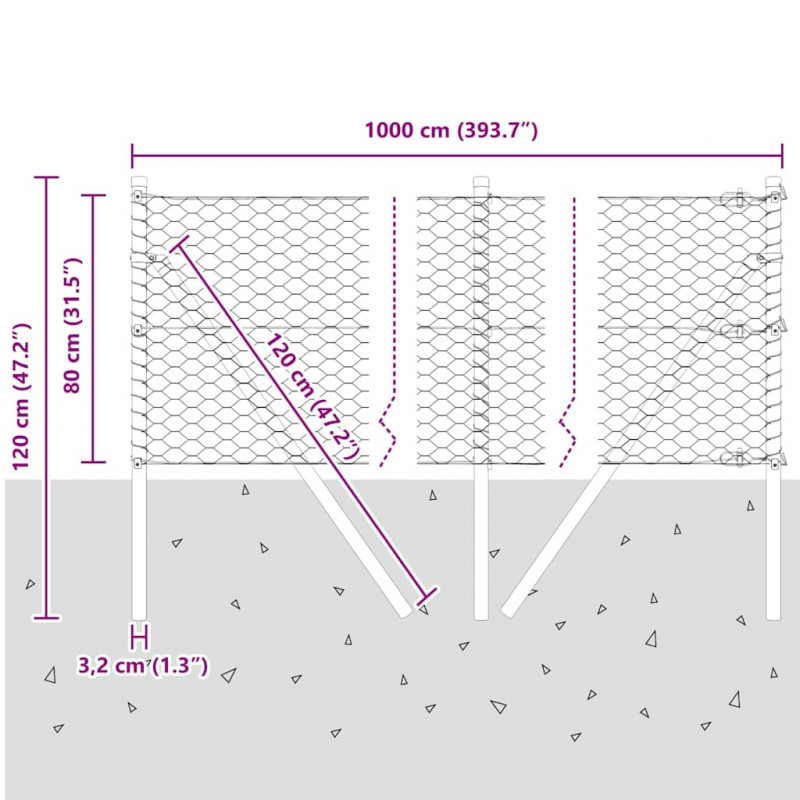 Słupek ogrodzeniowy. Srebrny 10 x 0,8 m (siatka 36 mm) Stal
