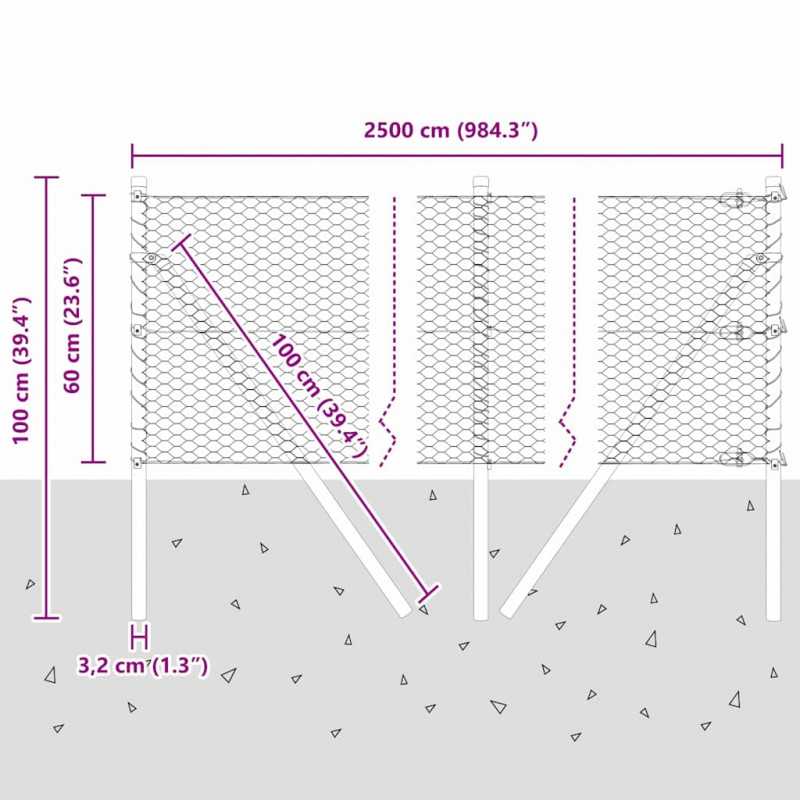 Słupek ogrodzeniowy. Srebrny 25 x 0,6 m (siatka 25 mm) Stal