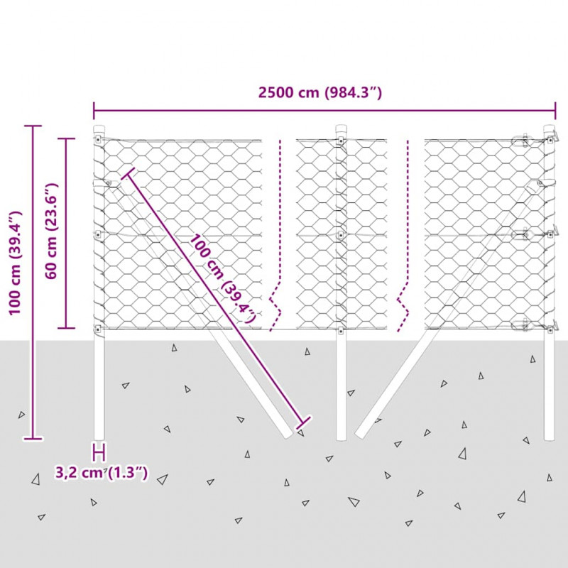 Słupek ogrodzeniowy. Srebrny 25 x 0,6 m (siatka 50 mm) Stal