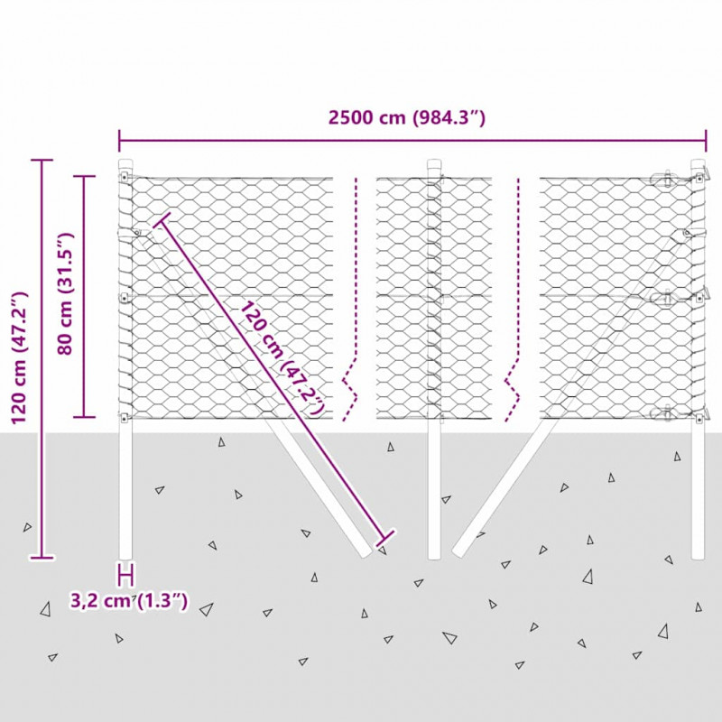 Słupek ogrodzeniowy. Srebrny 25 x 0,8 m (siatka 36 mm) Stal