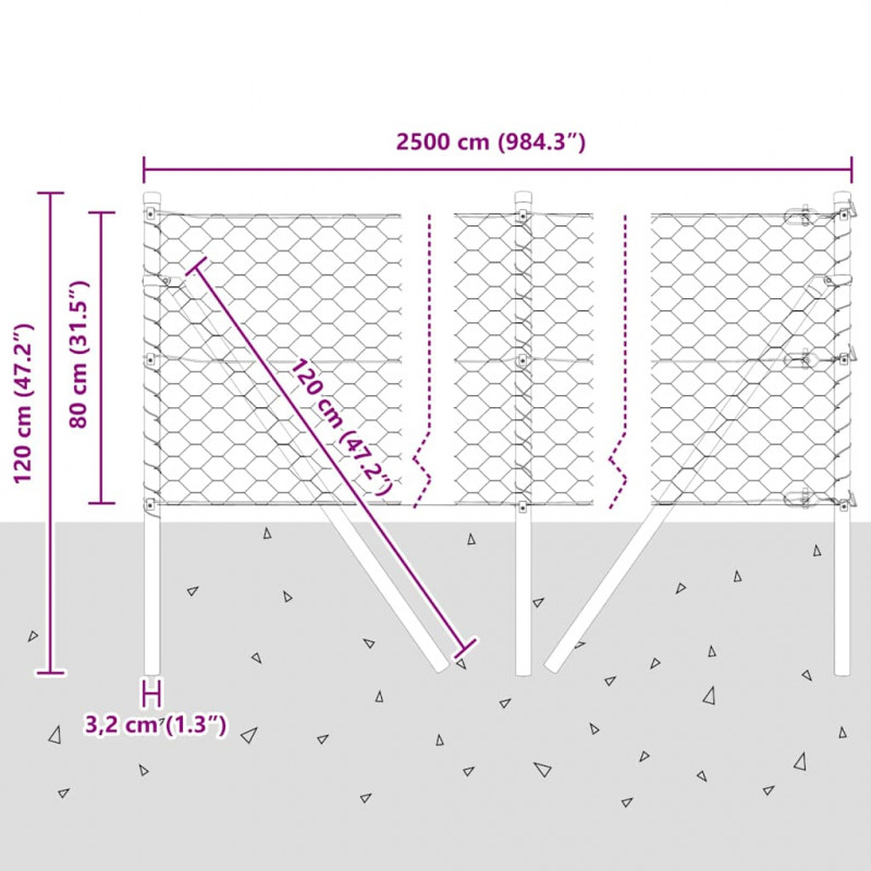 Słupek ogrodzeniowy. Srebrny 25 x 0,8 m (siatka 50 mm) Stal