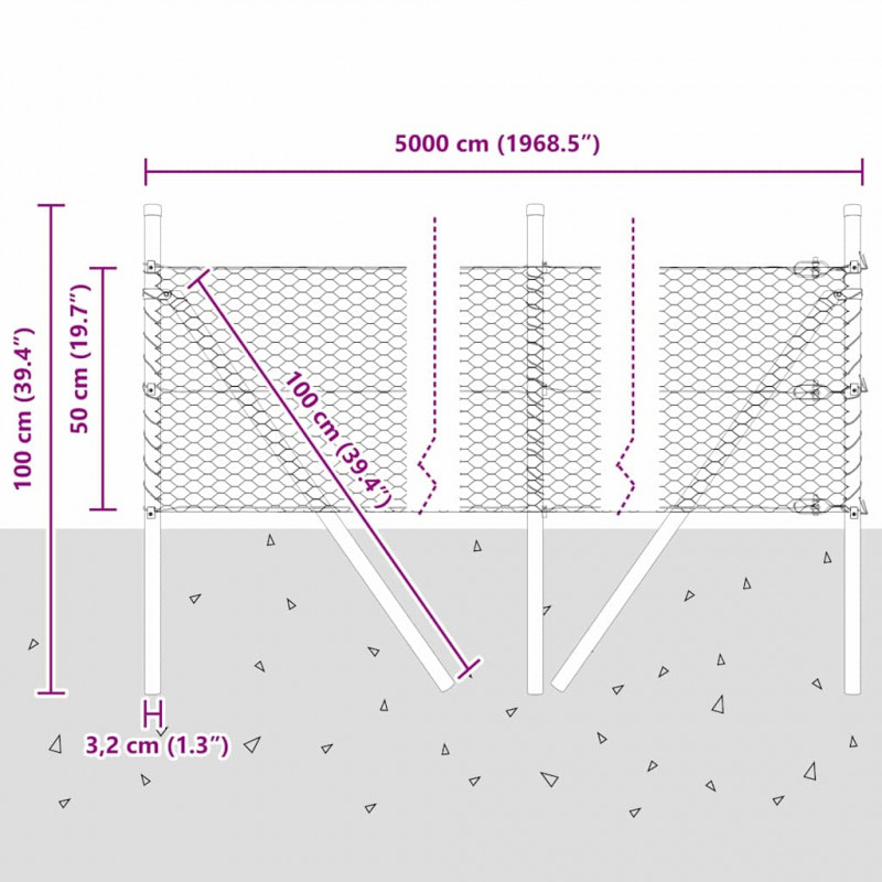 Słupek ogrodzeniowy. Srebrny 50 x 0,5 m (siatka 25 mm) Stal