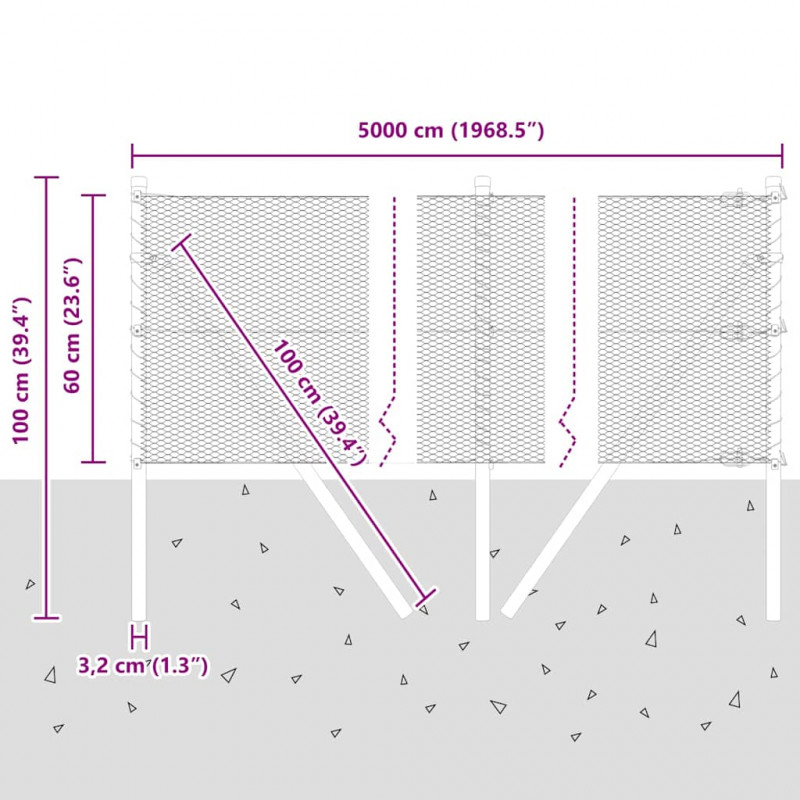 Słupek ogrodzeniowy. Srebrny 50 x 0,6 m (siatka 13 mm) Stal