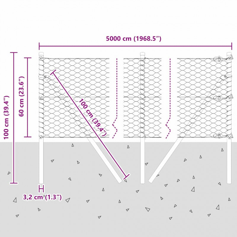 Słupek ogrodzeniowy. Srebrny 50 x 0,6 m (siatka 36 mm) Stal