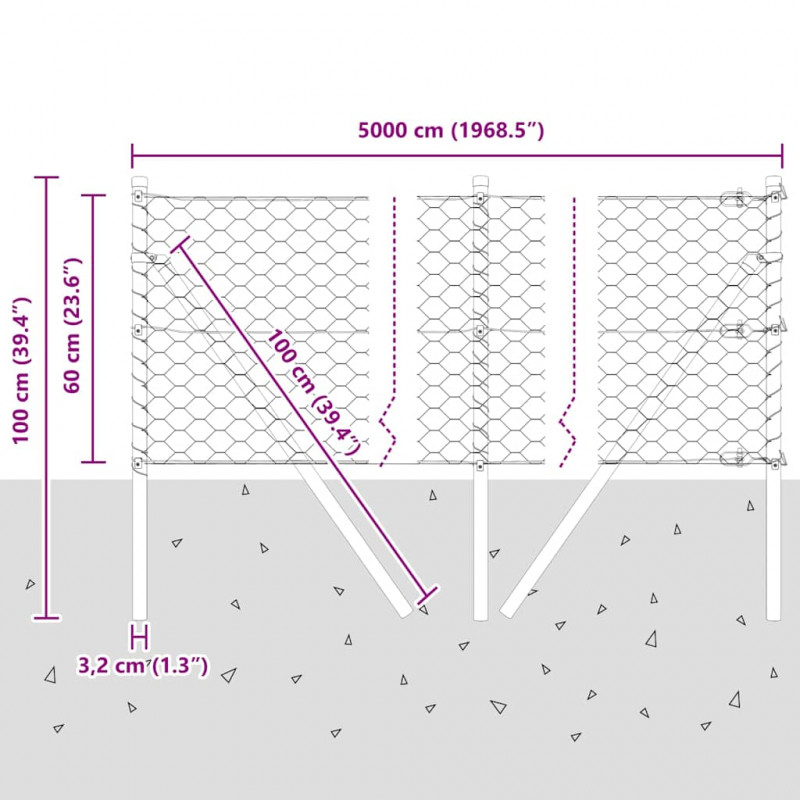 Słupek ogrodzeniowy. Srebrny 50 x 0,6 m (siatka 50 mm) Stal