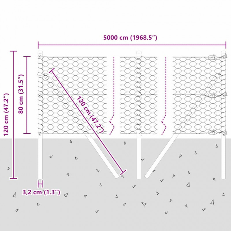 Słupek ogrodzeniowy. Srebrny 50 x 0,8 m (siatka 36 mm) Stal