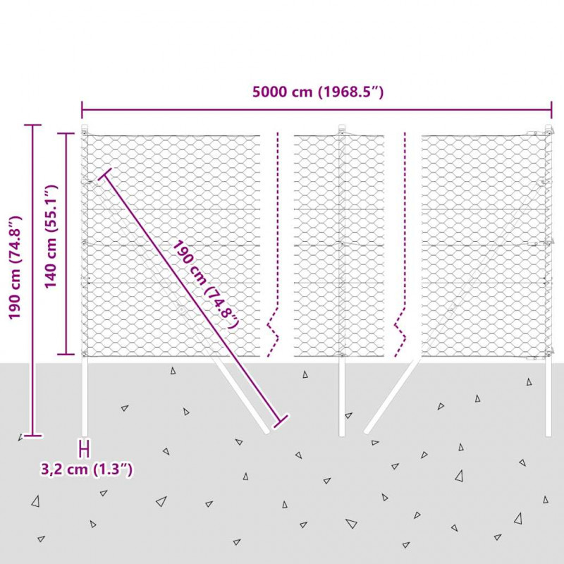 Słupek ogrodzeniowy. Srebrny 50 x 1,4 m (siatka 50 mm) Stal