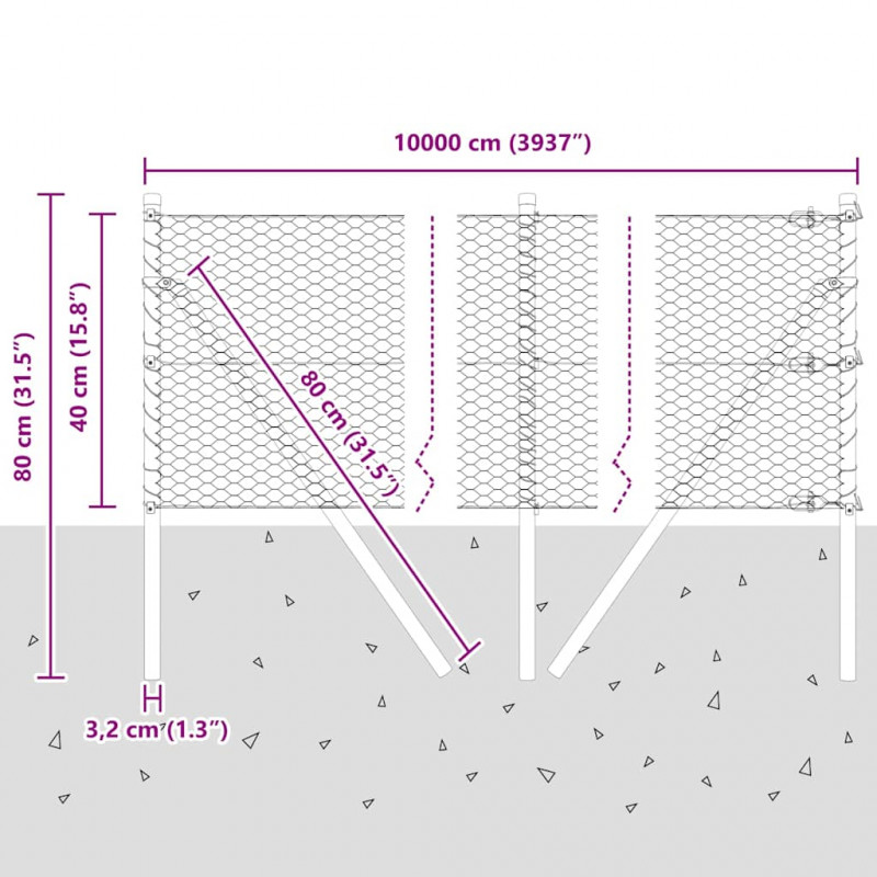 Słupek ogrodzeniowy. Srebrny 100 x 0,4 m (siatka 25 mm) Stal
