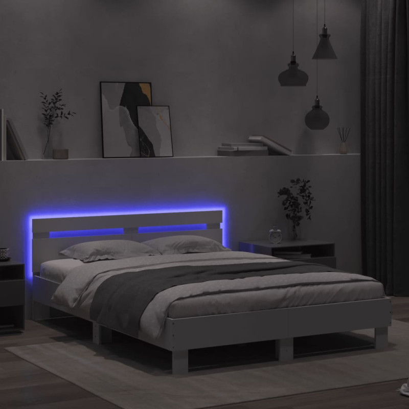 Rama łóżka z wezgłowiem i LED, biała, 140x190 cm
