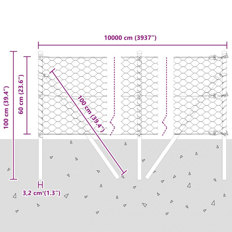 Słupek ogrodzeniowy. Srebrny 100 x 0,6 m (mesh 50 mm) Stal