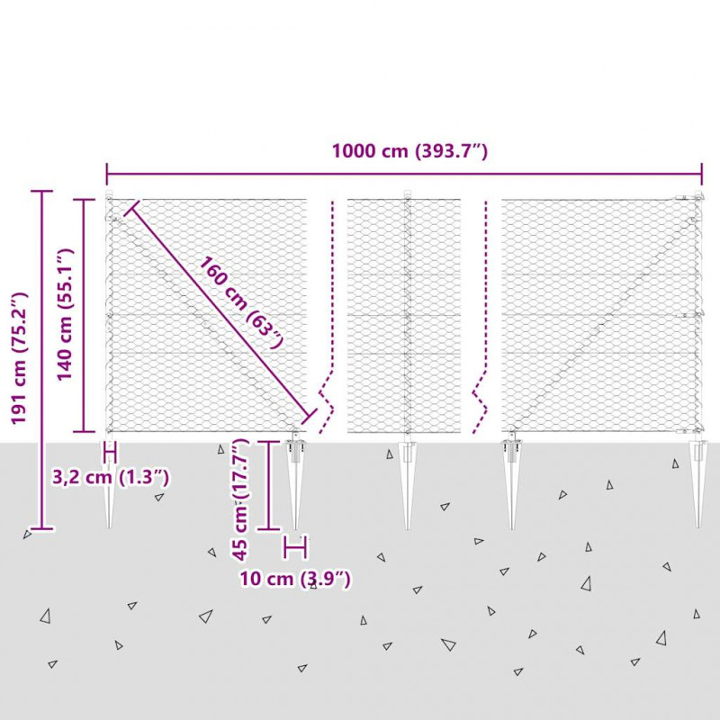 Słupek ogrodzeniowy. Szary 10 x 1,4 m (siatka 36 mm) Stal i PVC