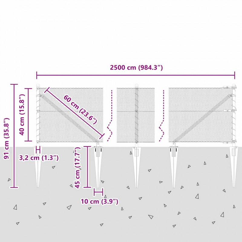 Słupek ogrodzeniowy. Szary 25 x 0,4 m (siatka 13 mm) Stal i PVC