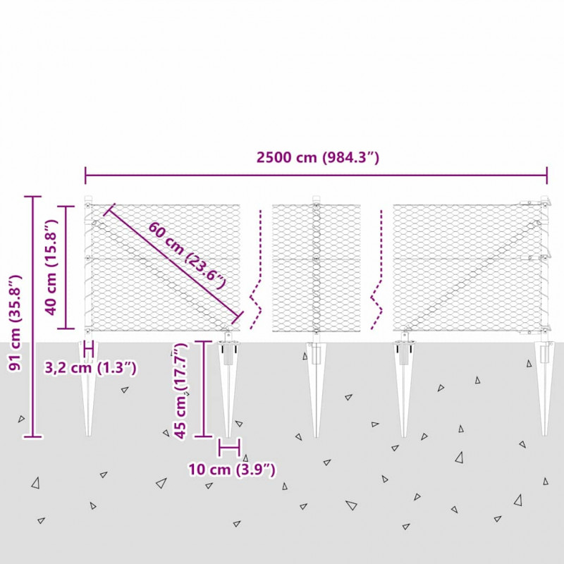 Słupek ogrodzeniowy. Szary 25 x 0,4 m (siatka 25 mm) Stal i PVC