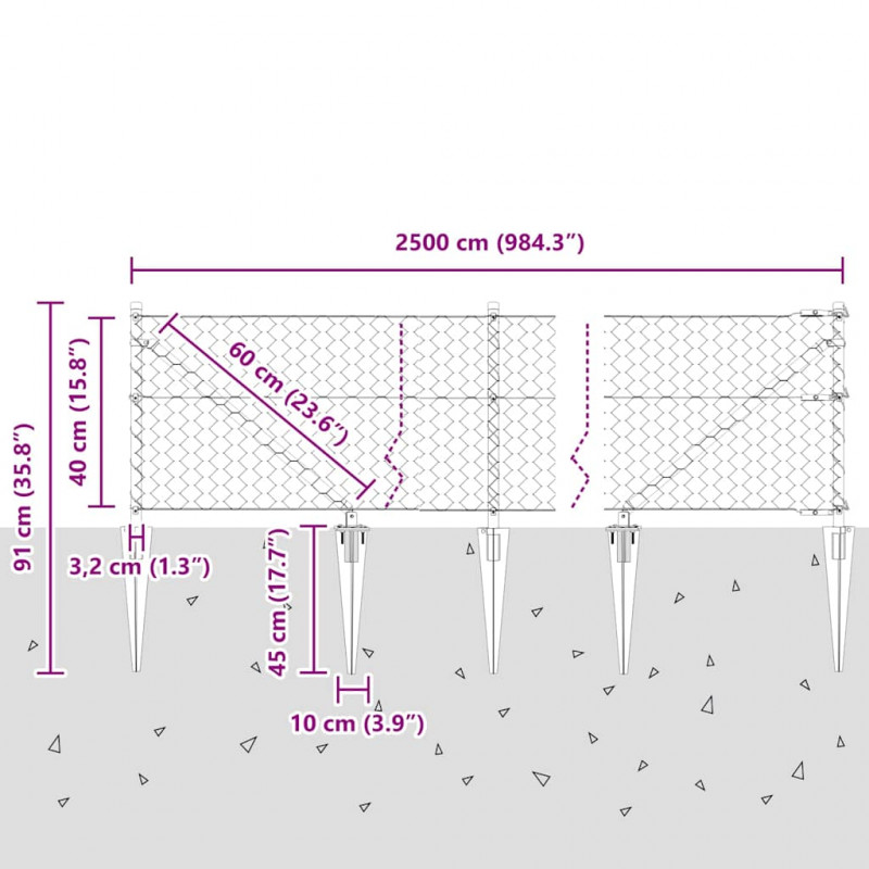 Słupek ogrodzeniowy. Szary 25 x 0,4 m (siatka 50 mm) Stal i PVC