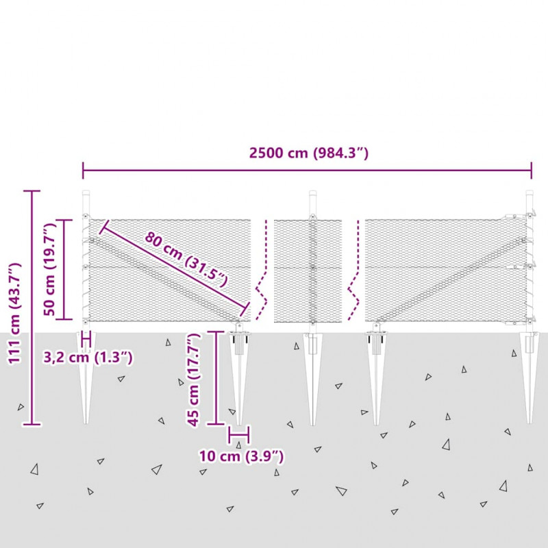 Słupek ogrodzeniowy. Szary 25 x 0,5 m (siatka 13 mm) Stal