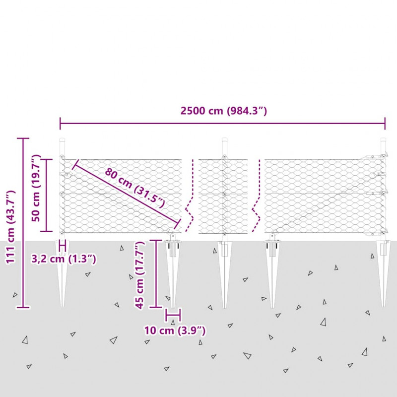 Słupek ogrodzeniowy. Szary 25 x 0,5 m (siatka 36 mm) Stal
