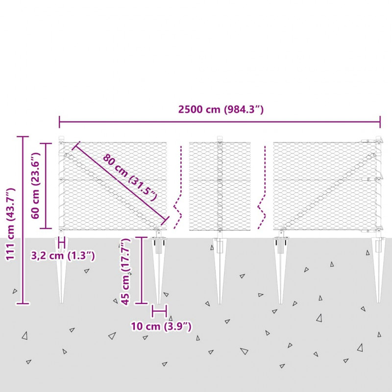 Słupek ogrodzeniowy. Szary 25 x 0,6 m (siatka 25 mm) Stal i PVC