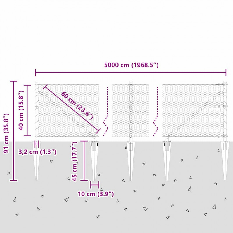 Słupek ogrodzeniowy. Szary 50 x 0,4 m (siatka 25 mm) Stal i PVC