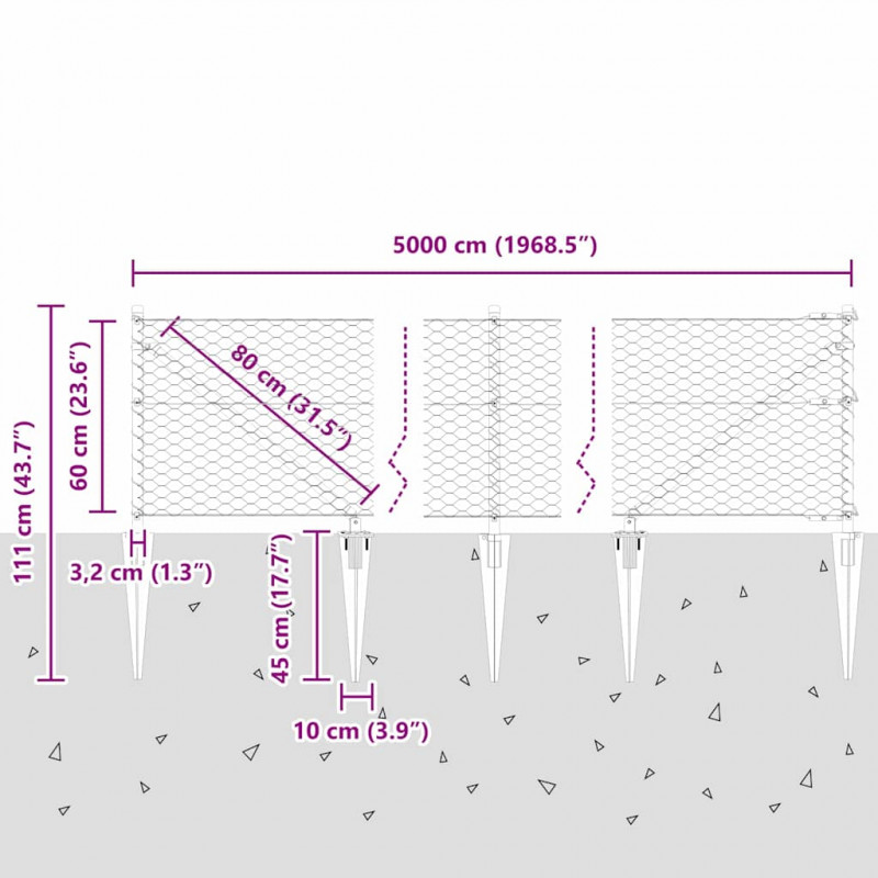 Słupek ogrodzeniowy. Szary 50 x 0,6 m (siatka 36 mm) Stal i PVC