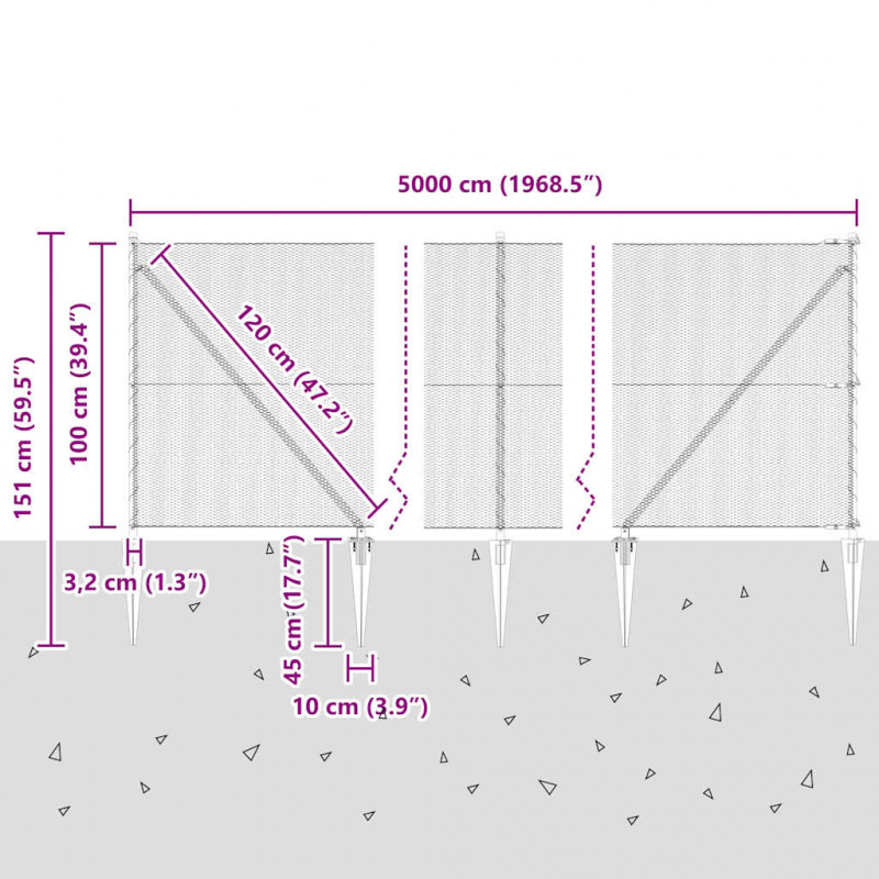 Słupek ogrodzeniowy. Szary 50 x 1 m (siatka 13 mm) Stal i PVC