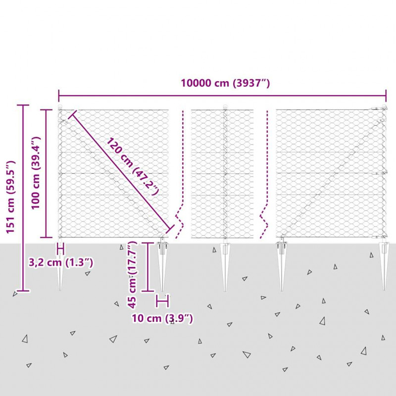 Słupek ogrodzeniowy. Szary 100 x 1 m (siatka 50 mm) Stal i PVC