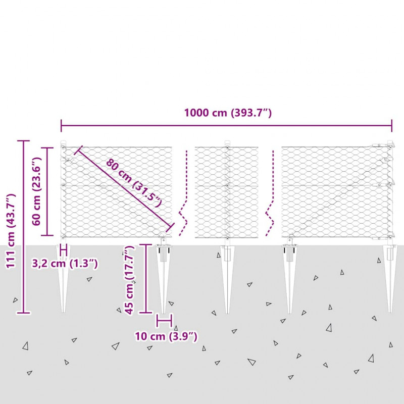 Słupek ogrodzeniowy. Srebrny 10 x 0,6 m (siatka 36 mm) Stal