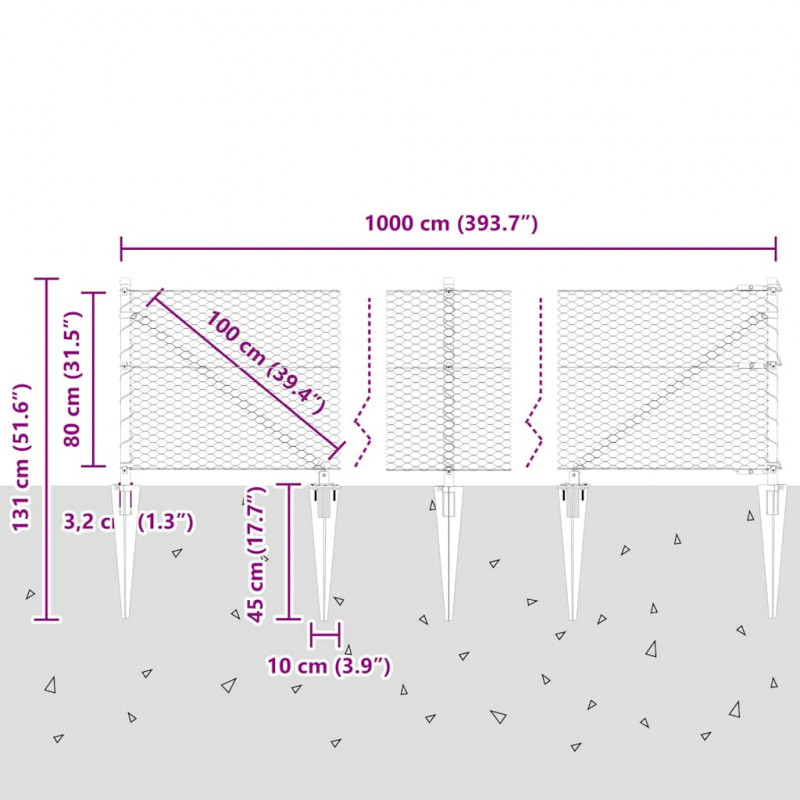 Słupek ogrodzeniowy. Srebrny 10 x 0,8 m (siatka 25 mm) Stal