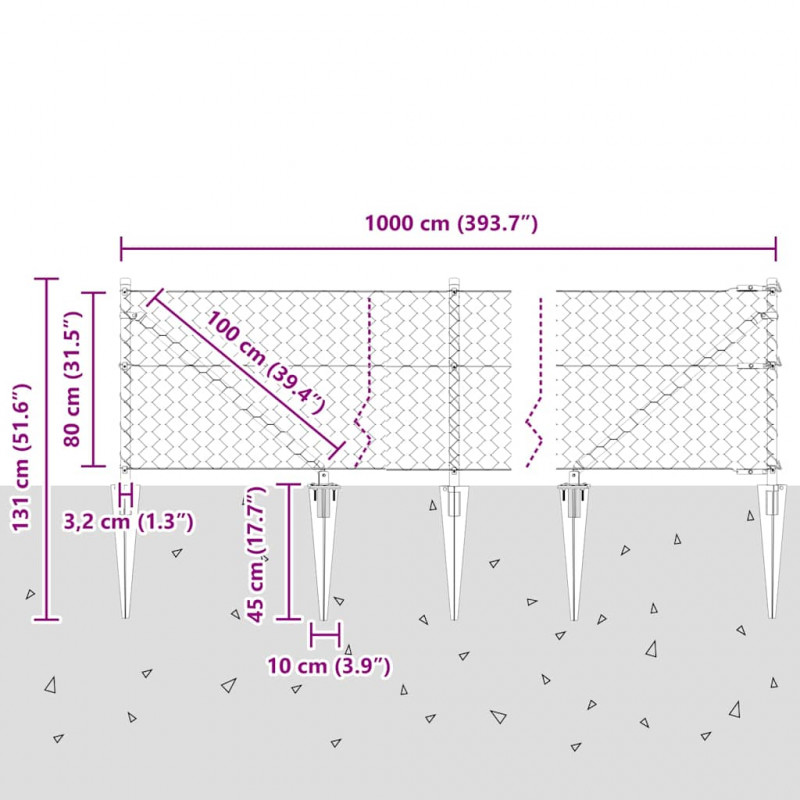 Słupek ogrodzeniowy. Srebrny 10 x 0,8 m (siatka 50 mm) Stal
