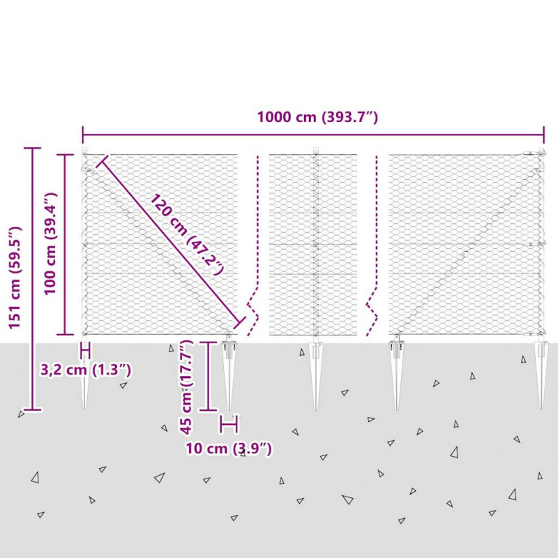 Słupek ogrodzeniowy. Srebrny 10 x 1 m (siatka 36 mm) Stal