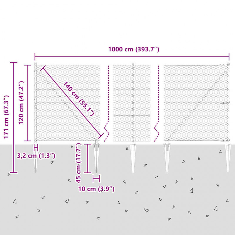 Słupek ogrodzeniowy. Srebrny 10 x 1,2 m (siatka 36 mm) Stal