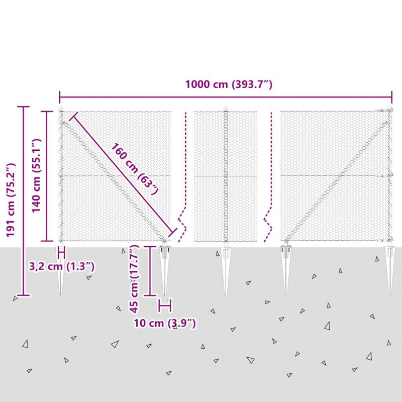 Słupek ogrodzeniowy. Srebrny 10 x 1,4 m (siatka 25 mm) Stal