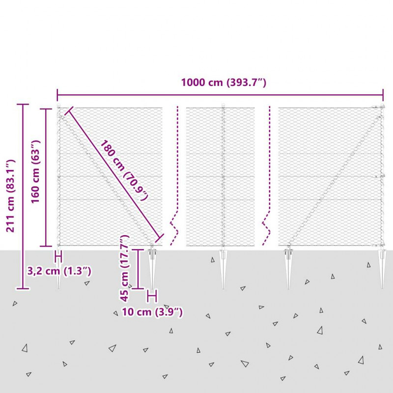 Słupek ogrodzeniowy. Srebrny 10 x 1,6 m (siatka 36 mm) Stal