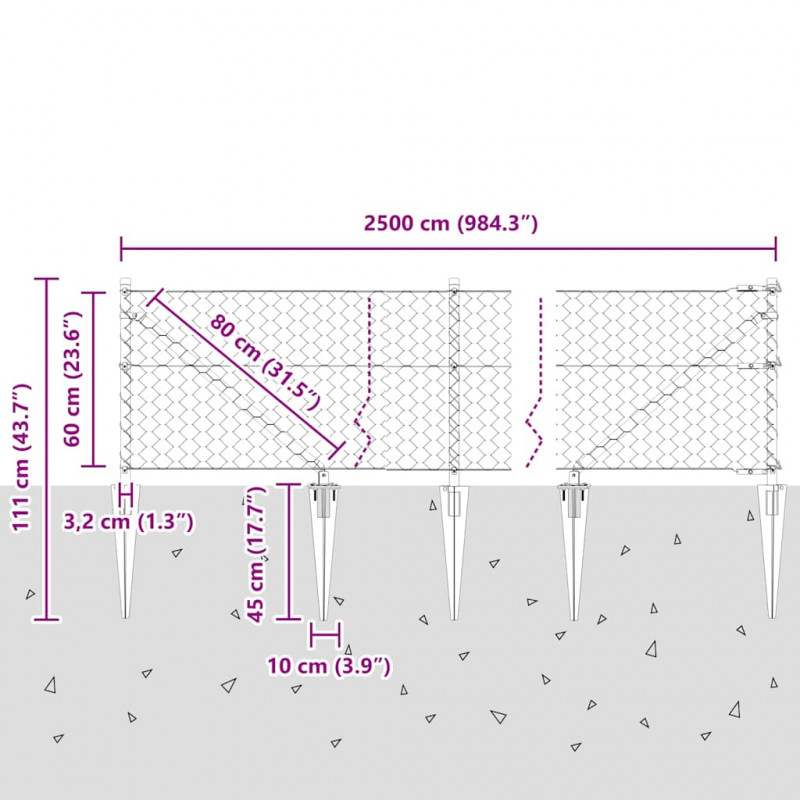 Słupek ogrodzeniowy. Srebrny 25 x 0,6 m (siatka 50 mm) Stal