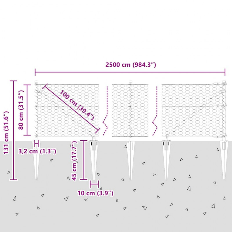 Słupek ogrodzeniowy. Srebrny 25 x 0,8 m (siatka 36 mm) Stal