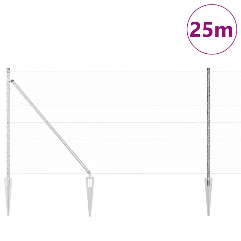 Słupek ogrodzeniowy. Srebrny 25 x 1 m (siatka 50 mm) Stal