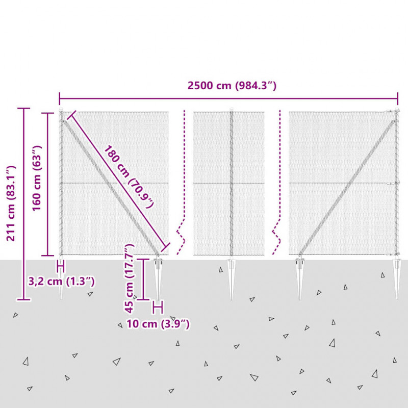 Słupek ogrodzeniowy. Srebrny 25 x 1,6 m (siatka 13 mm) Stal
